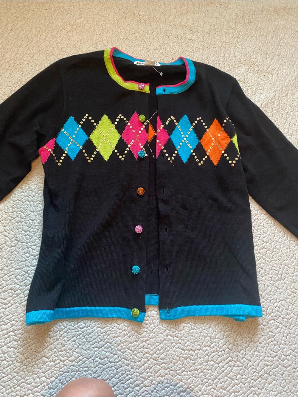 Jack B. Quick Black Cardigan with Bright Argyle Trim